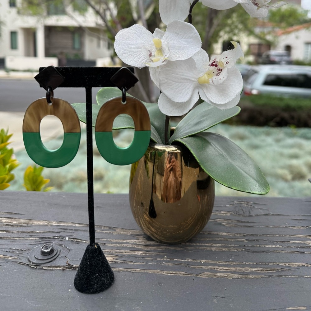 Green and brown buffalo horn lacquer earrings